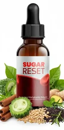 A Sugar Reset dropper bottle with a red and maroon label, shown with ginger, cinnamon, bitter melon and seeds as decoration