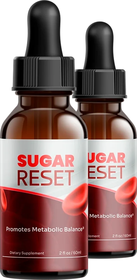 Two Sugar Reset dropper bottles with black caps and red and maroon labels: Sugar Reset, Promotes Metabolic Balance