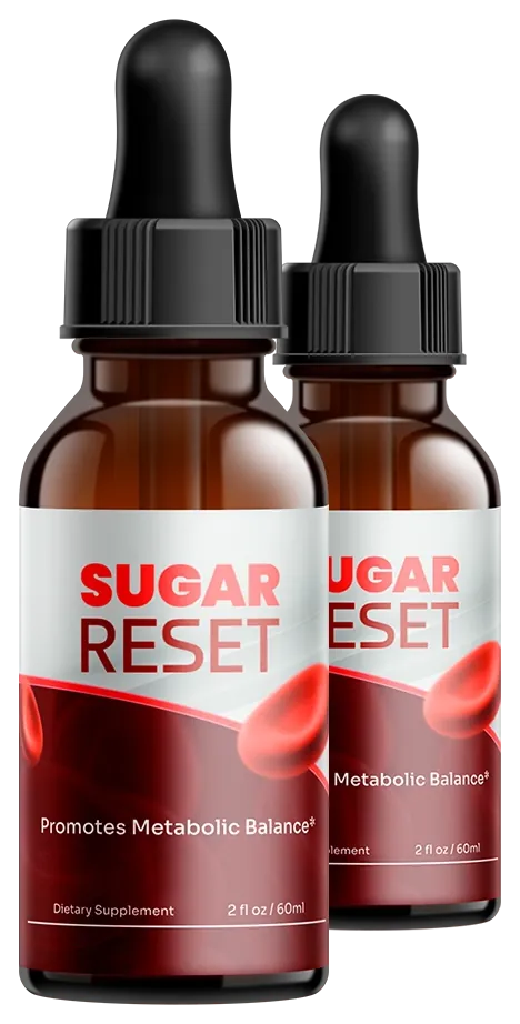 Two Sugar Reset dropper bottles with red and maroon labels