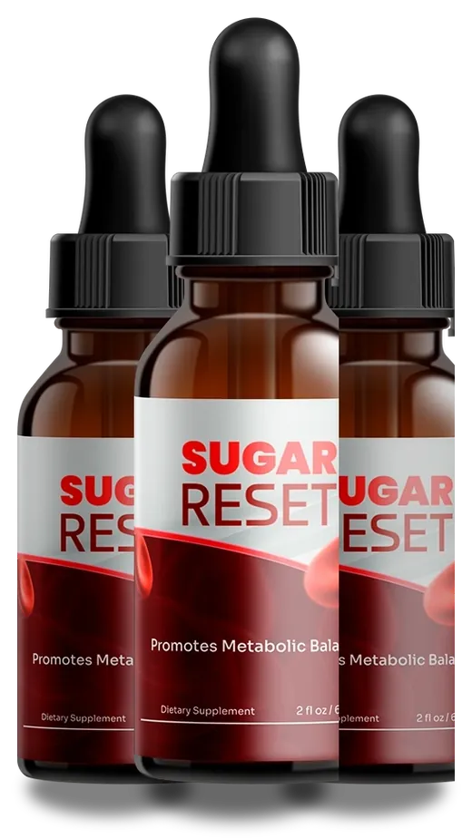 Three Sugar Reset dropper bottles with black caps and red and maroon labels